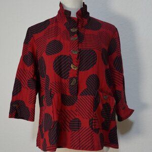Ali Miles Red Black Geometric Print Faux Wood Button up Tunic Pockets PL